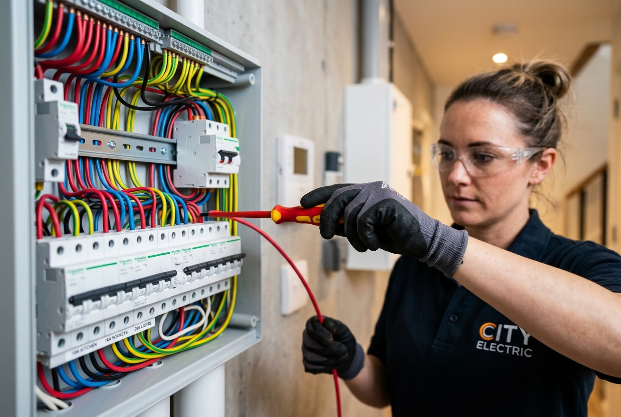 Professional electrician upgrading fuse box