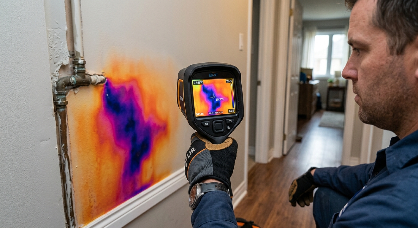 Thermal imaging camera tracing a hidden leak behind a wall